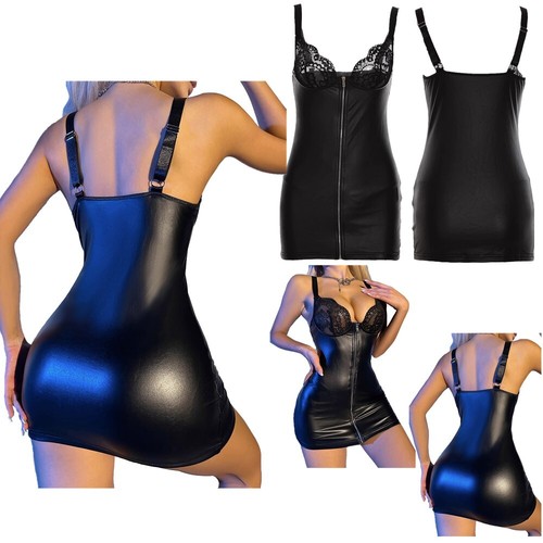 Sexy figurbetontes Damen-Minikleid aus PU-Leder Spitze tiefer V-Ausschnitt Reißverschluss vorne Clubwear - Bild 4 von 9