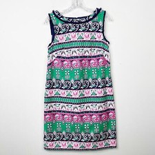 TALBOTS Swirl Print Striped Sleeveless Navy Fringed Sheath Dress Sz. 6