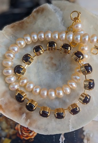 Hessonite Garnet Natural And Genuine & Freshwater Cultured Pearl Necklace  - Picture 6 of 7