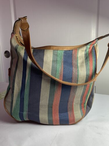 Capesio Purse Blue Linen Embroidery Striped Shoulder Hobo Bag Gold Faux Leather - Picture 7 of 14