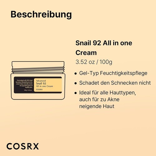 COSRX ADVANCED SNAIL 92 ALL IN ON CREAM CREME MIT SCHNECKENSCHLEIM 100G + TESTER - Bild 13 von 13
