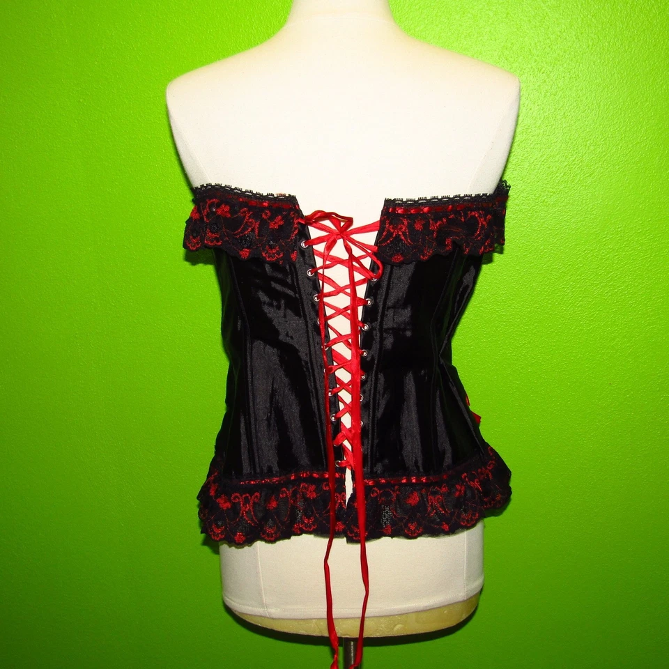 Corsé 2XL Sobrebusto Deshuesado Con Cordones Espalda Mancha Negra Encaje Rojo Lazo Bustier Tirantes Foto 4 de 4