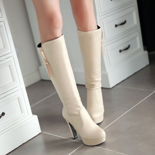 Ladies Shoes Synthetic Leather Platform High Heel Zip Up Knee Boots UK Size b183 - Picture 15 of 24