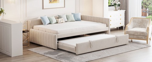 Full Size L-Shaped Upholstered Daybed Corner Sofa Bed +Twin Pop Up Trundle Beige - Picture 19 of 20