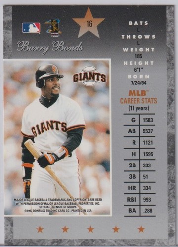 BARRY BONDS: 1997 DONRUSS ELITE CARD # 16 - Picture 2 of 2