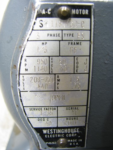 WESTINGHOUSE 1/3hp Electric Motor S1180030C 3phase 1140rpm 220/440v - Picture 14 of 19