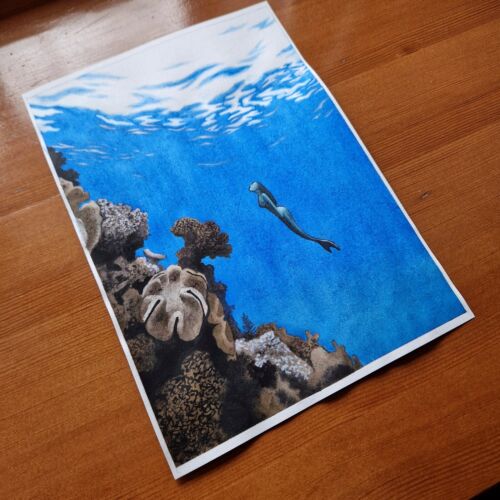 Quadro a sirena paesaggio marino arte oceano arte originale pittura acquerello - Foto 4 di 5