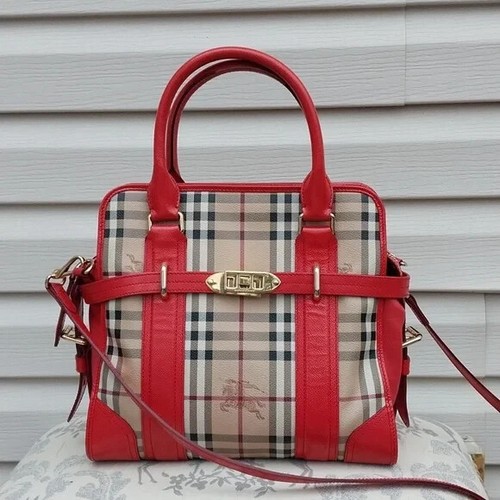 BURBERRY HAYMARKET CHECK CANVAS AND ORANGE LEATHER MINFORD SATCHEL CROSSBODY BAG - Picture 3 of 11