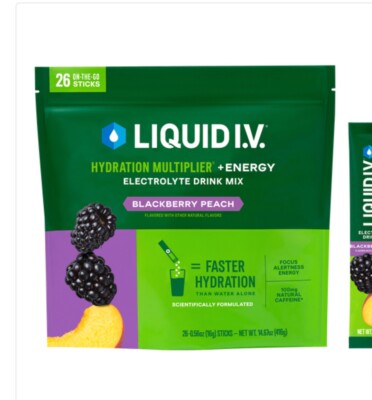 Liquid IV Hydration Multiplier + Energy Drink Mix 26 Stick Pck, Blackberry Peach