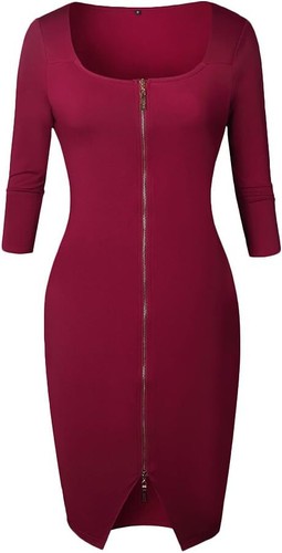 Womens Sexy Front Zip Bodycon Midi Dress 3/4 Sleeve Party Pencil Dresses CutyQ - Picture 8 of 13