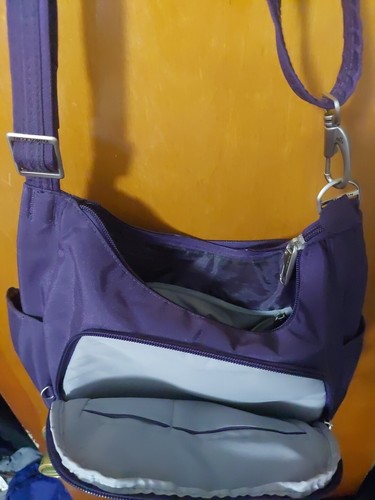 TRAVELON Classic Bag Crossbody Hobo Bucket Plum Purple Secure Pockets Zipper - Picture 13 of 14