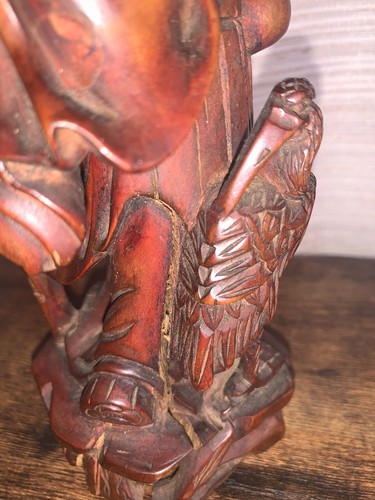 "Escultura china envejecida de raíz tallada a mano Shoulou peces grúa Lao Tzu de 8""" - Imagen 2 de 12