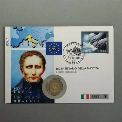 Italien 2009 Numisbrief 2 Euro 200. Geburtstag Louis Braille - Bild 1 von 2