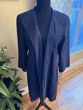 Eileen Fisher Navy Blue Open Front Long Jacket/Cardigan Womens Size L Linen Silk