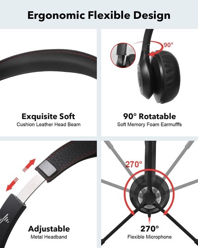 USB Headset with Mic for PC, On-Ear Computer Laptop Headphones Black - Picture 2 of 6