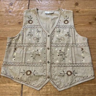 Bobbie Brooks Vest Woman XL 16/18W Boho Embroidered Cotton Button Down Beige