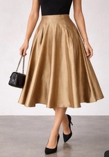 Lauren Ralph Lauren Silk Skirt Sz 12 Gold Pleated A-Line Midi Elegant