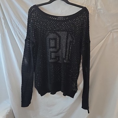 Terranova Crochet Jersey Number 19 Long Sleeve Black Open Crochet Y2K 90s Sz L