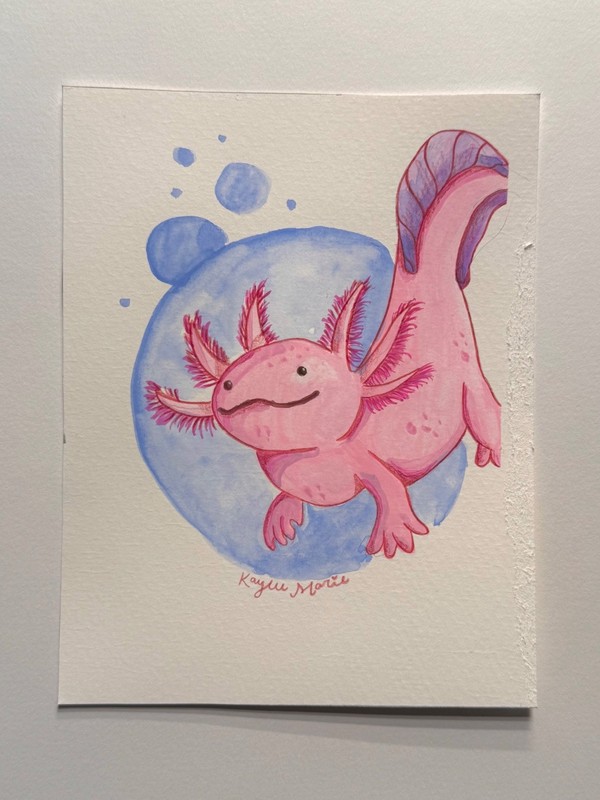 axolotl 5x7 gouache painting on paper