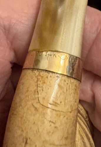 Antigua pipa tallada de espuma de mar sultán turco 14K GF vástago de cuerno relleno de oro - Imagen 7 de 15