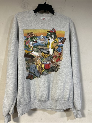 VINTAGE 90s Fishing Funny Graphic Comic Sweatshirt XL 1995 Artwear Made In USA ** - Bild 1 von 8