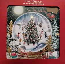 Set 16 Ling Design LUXURY CHRISTMAS CARDS SNOW GLOBE SANTA FLYING DEER Gold NEW