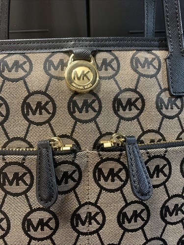 Michael Kors Handbag Purse Kempton Medium 38F5GKPT2Q MK Black Tan Leather Tote - Picture 2 of 13