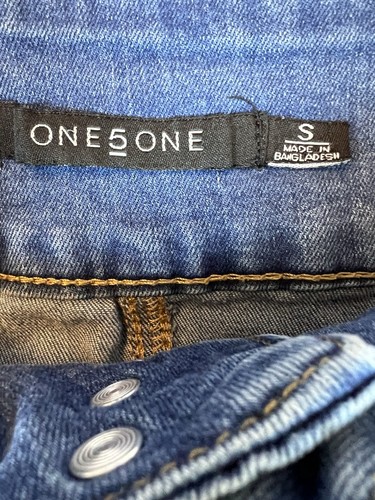 One5One Womens Denim Skirt S Blue Jean Button Fly Frayed Hem Straight Pencil - Picture 3 of 8