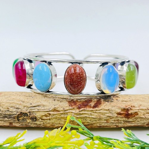 Pulsera brazalete de plata esterlina 925 con opalita lechosa y piedras...