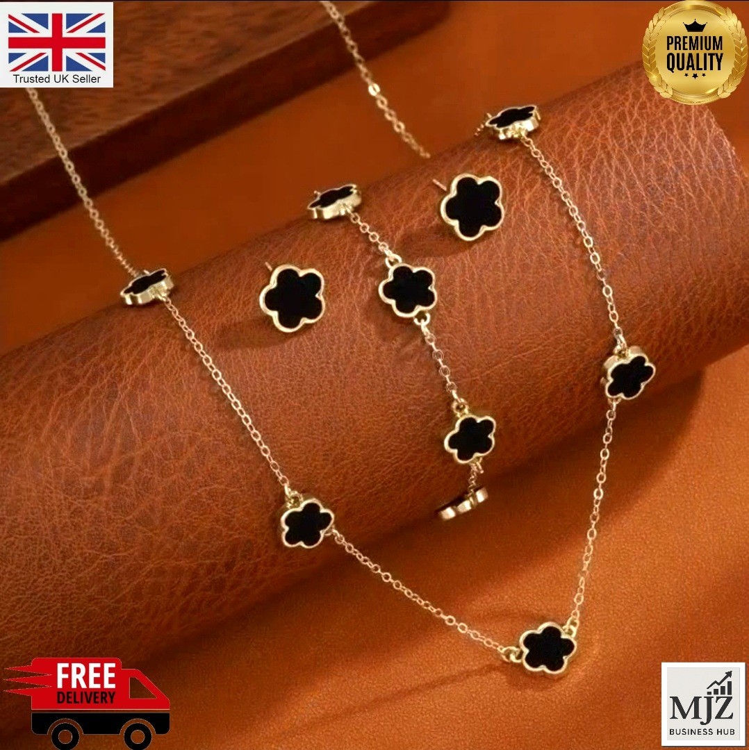 Lucky Clover 3 Piece Necklace Bracelet Earrings Set-Gold Plated Jewellery Gift