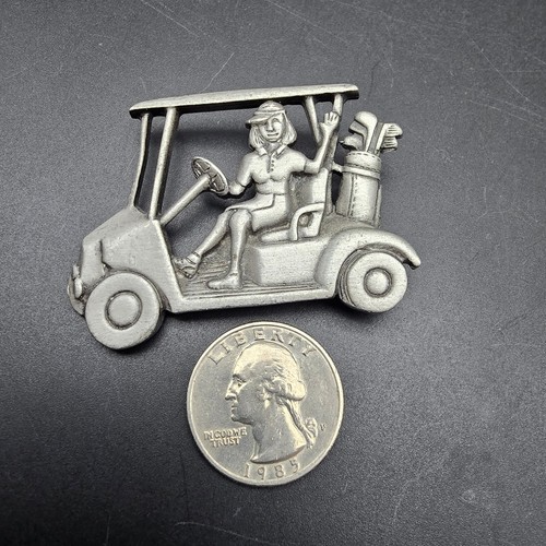 JJ Golf Motiv Brosche silberfarben Golfwagen Frau Golfer Vintage Schmuck - Bild 2 von 6