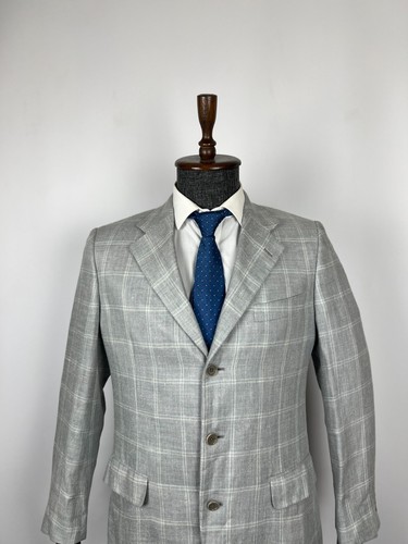Belvest Men's Grey Plaid Hand Made Half Lined Silk Linen Blazer Jacket Size 40R - Picture 2 of 10