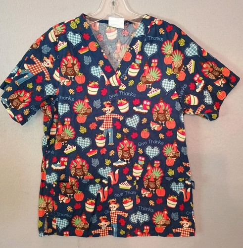 Tafford Damen Thanksgiving Scrub Top Blau Mehrfarbig Kurzarm XS