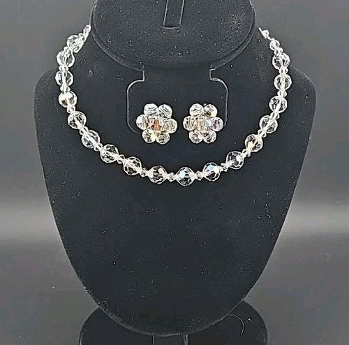 Vintage Estate AB Stone Faceted Crystal Beaded Collar Necklace & Clip Earrings - Picture 6 of 6