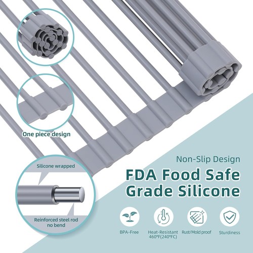 Ohuhu Over Sink Dish Drying Rack, Silicone 17.6"W x 15.4"L, Gray - Picture 4 of 9