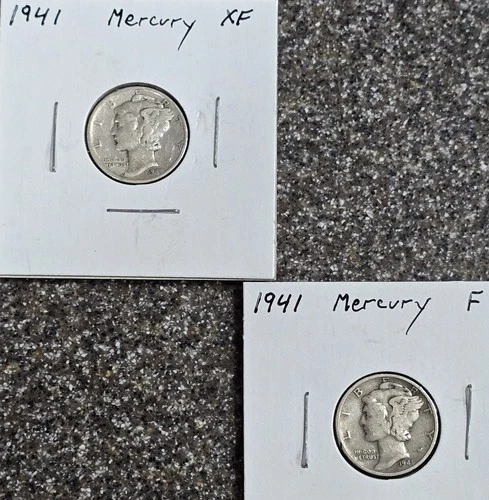 (2) 1941 XF Mercury Silver 10c Coin Lot /+F, 25C Combined Shipping