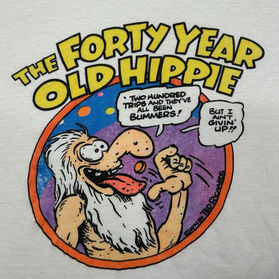 Vintage 70s Forty Year Old Hippie Tshirt Parody Drugs Size XL Humor Funny - Image 3 of 4
