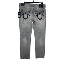 True Religion Ricky Relaxed Straight Jeans Men Size 34 Grey Acid Wash Denim NEW