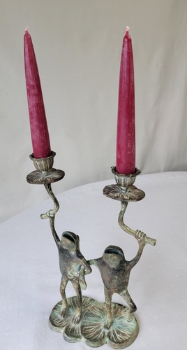 Vintage Dancing Frogs on Lily Pad Double Candle Stick Holder Cast Bronze Patina - Picture 9 of 17