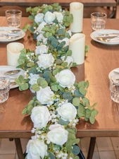 6FT Artificial Eucalyptus Garland with Flowers, 10 White Roses Baby Breath Garla