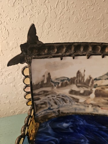 Antiker Kerzenständer Lithophanie Porzellan, Buntglas & Bronze Rückseite... - Bild 11 von 17