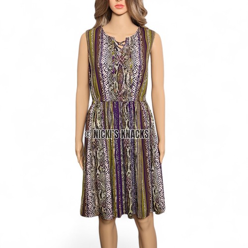 Snake Print Boho Chic Dress Lace-Up Neck Sleeveless Dana Buchman Green Size L - Picture 2 of 11