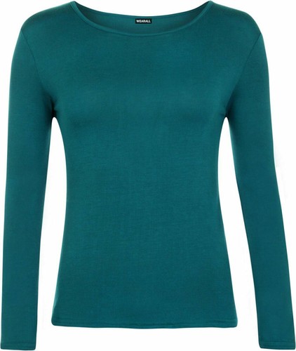 Women Long Sleeve Plain Stretch Round Scoop Neck Ladies T Shirt Top - Picture 22 of 26