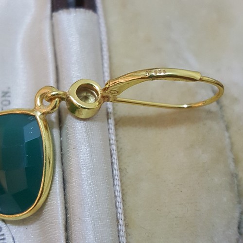 Art Deco 925 Sterling Silver Earrings Drop Dangle Green Onyx & Citrine,Gold Over - Picture 5 of 5