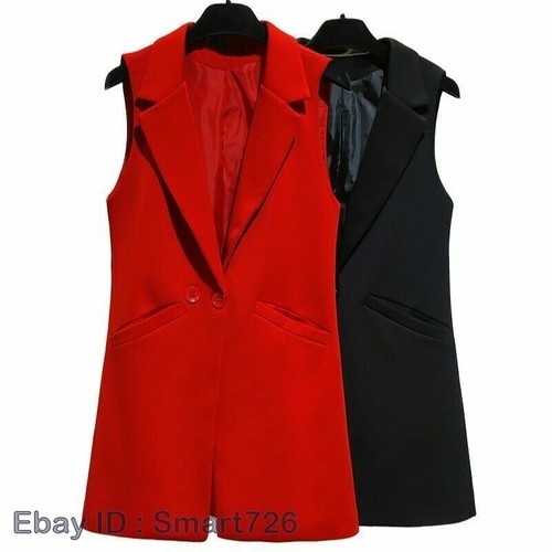 Women Top Sleeveless Waistcoat Suit Vest Long Blazer Jacket Duster Coat Cardigan - Picture 16 of 22