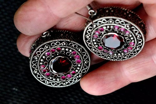 Rare Heavy Sterling Silver Filigree Earrings Ruby - Ethnic Handcrafted Jewelry - Picture 2 of 5