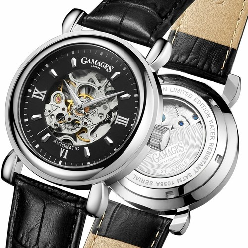 GAMAGES LONDON SKELETON LIMITED EDITION AUTOMATIK SILBER UHR Vatertag Geschenk - Bild 1 von 7