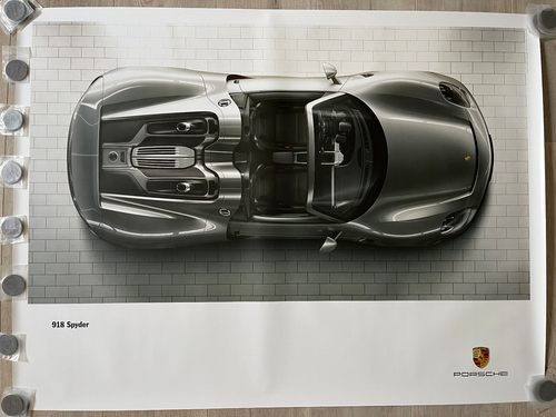 PÓSTER OFICIAL DE PORSCHE 918 SPYDER PLAN VIEW SHOWROOM 2014 RARO - Imagen 1 de 2