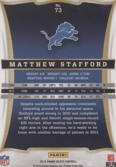 2013 Panini Select Matthew Stafford #73
