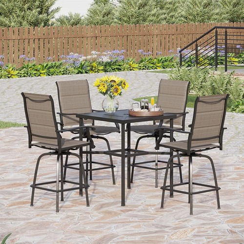 5 Piece Patio Bar Set Outdoor Swivel Bar Stool Height Bar Table w/ Umbrella Hole - Picture 3 of 23